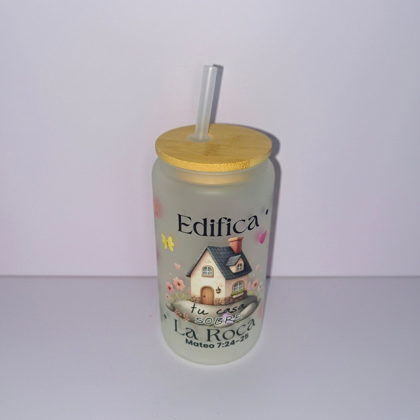 Vaso de vidrio frizado con versiculo biblico