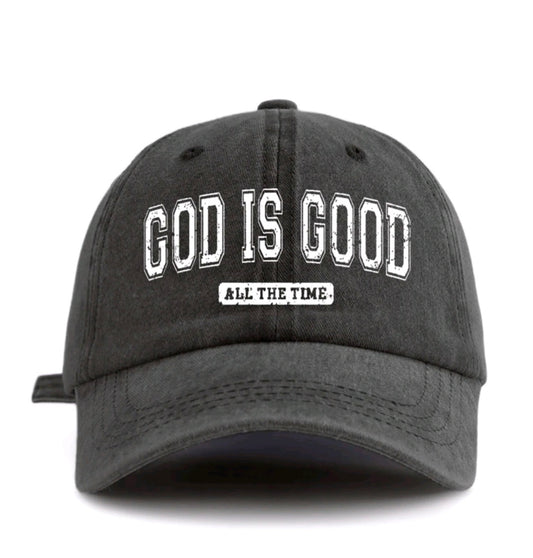 Gorra de béisbol estilo lavado con estampado "GOD IS GOOD", sencilla, casual y elegante.
