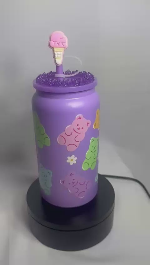 Glass set with gummy bear print and purple teddy bear