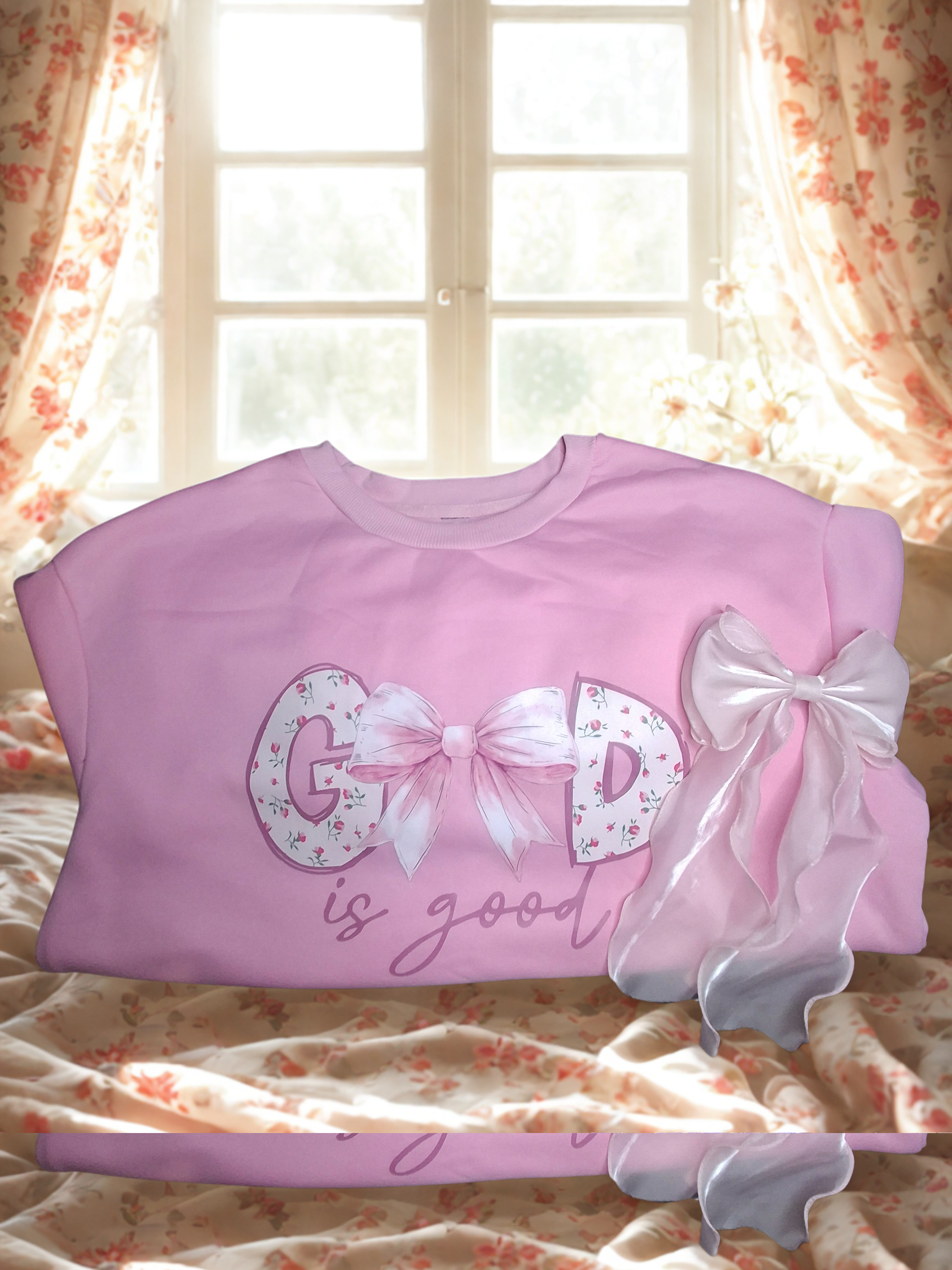 Sudadera holgada con capucha de forro polar grueso y cuello redondo para mujer, con estampado de lacito, floral menudo y la frase "Dios es bueno" más lacito para el cabello.