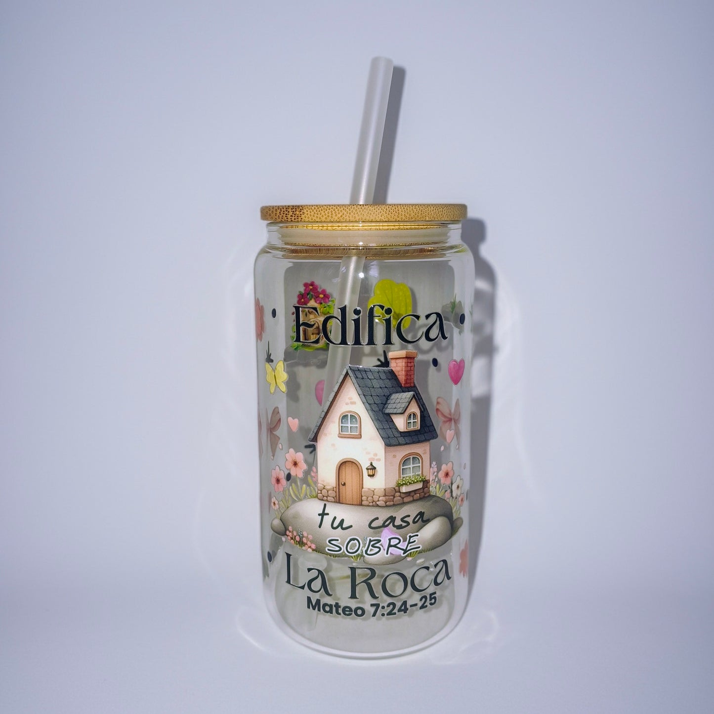 Vaso de vidrio transparente de 16 onzas con estampado biblico
