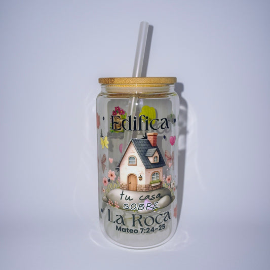 Vaso de vidrio transparente de 16 onzas con estampado biblico