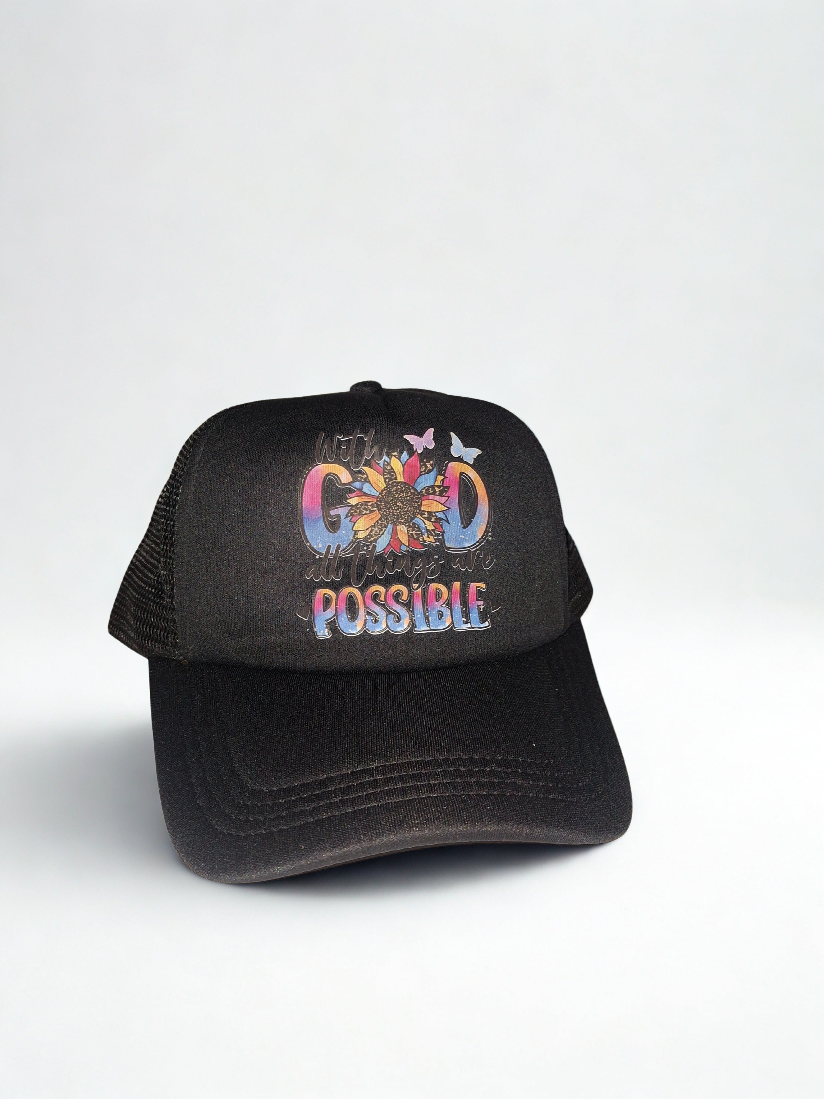 Gorra de béisbol ajustable con impresión de  "WITH GOD ALL THINGS ARE POSSIBLE" casual con protección solar para exteriores, adecuado para viajes, playa, vacacione.