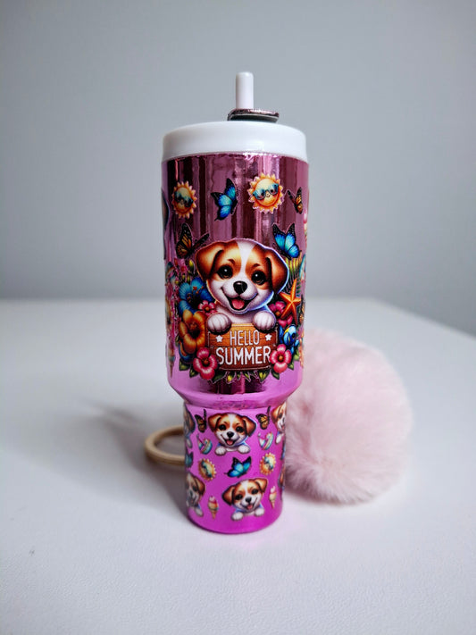 Llavero mini tumbler con pompón y estampado de "HELLO SUMMER"