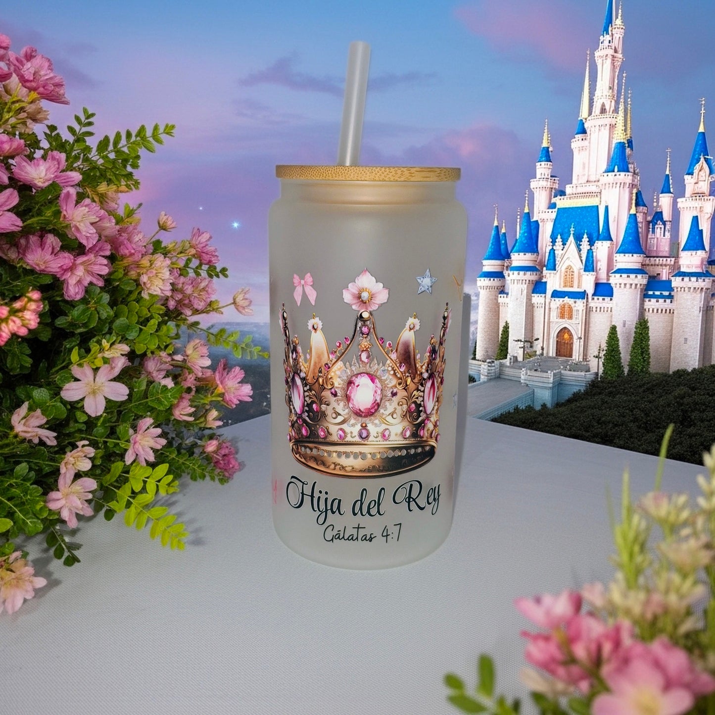 Vaso de vidrio frizado con versiculo biblico
