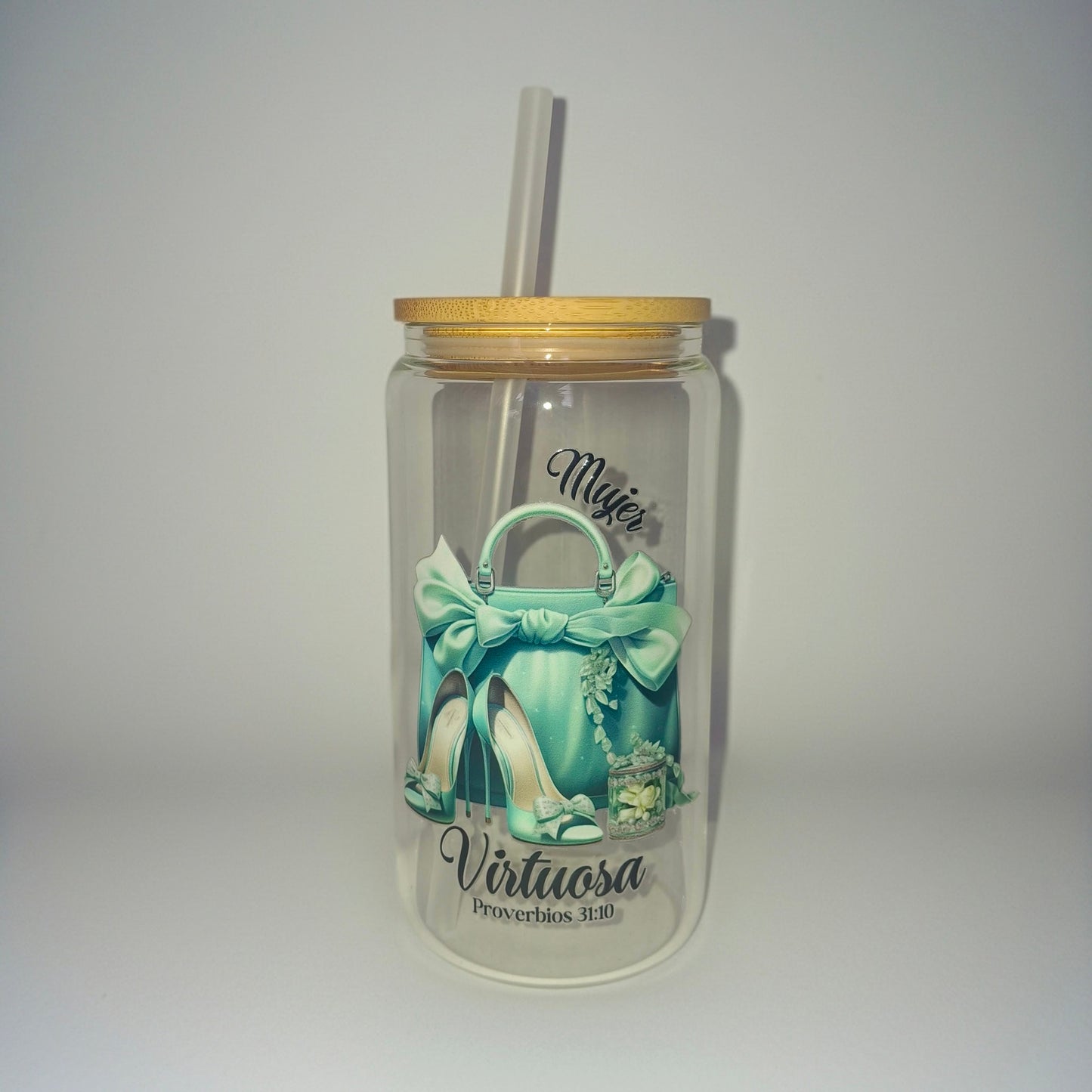 Vaso de vidrio de 16 onzas con estampado biblico