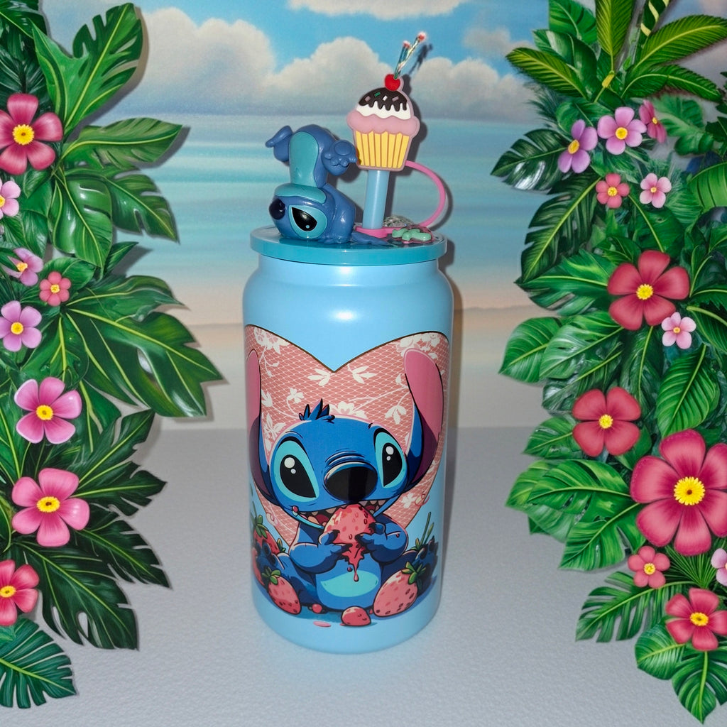 Patterned stainless steel tumbler with decorated lid