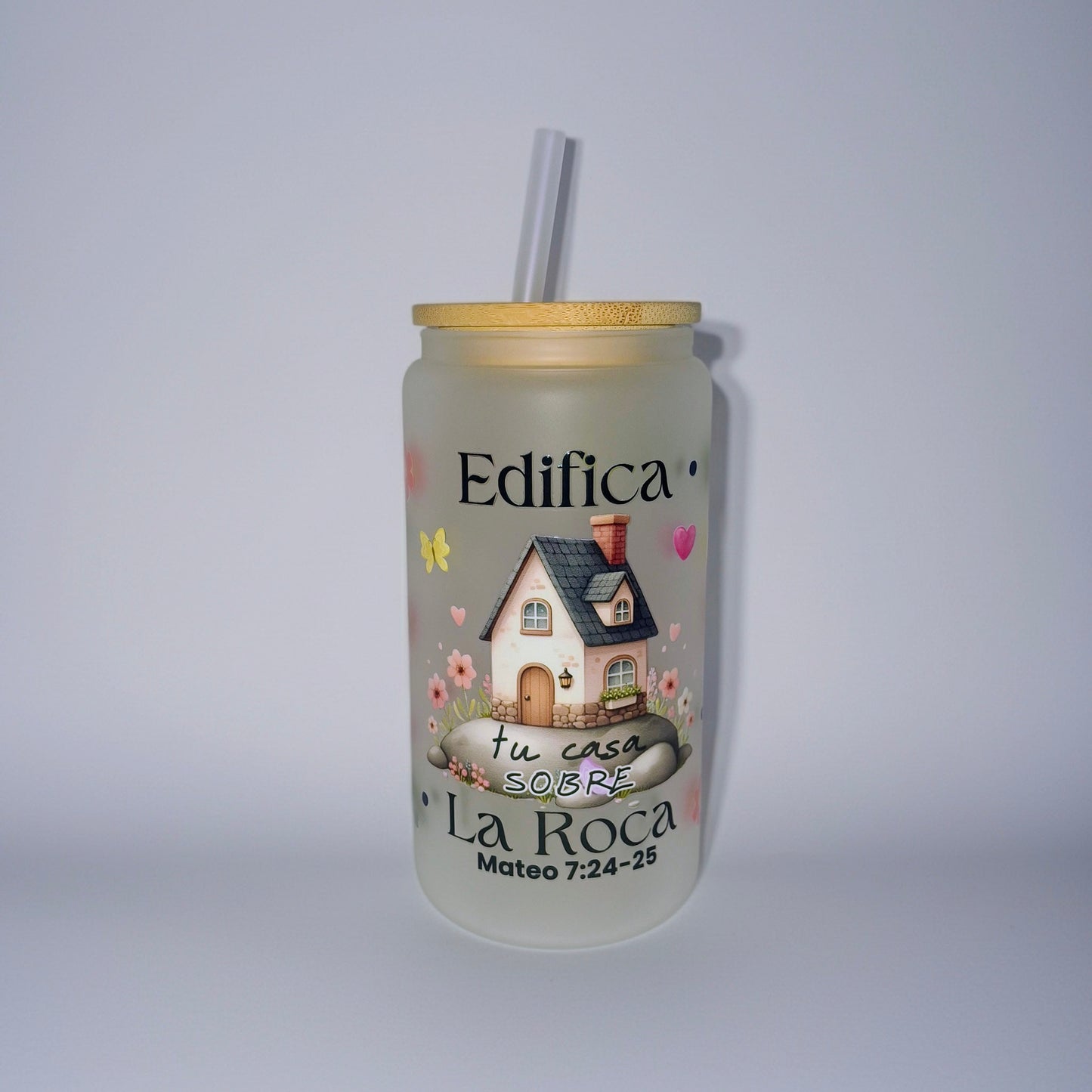 Vaso de vidrio frizado con versiculo biblico