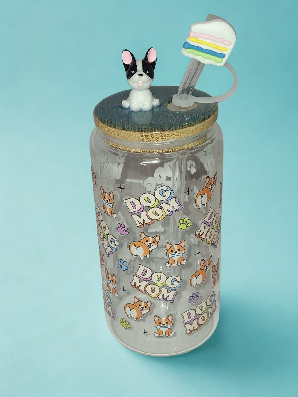 16-ounce glass cup with a "random" puppy figure