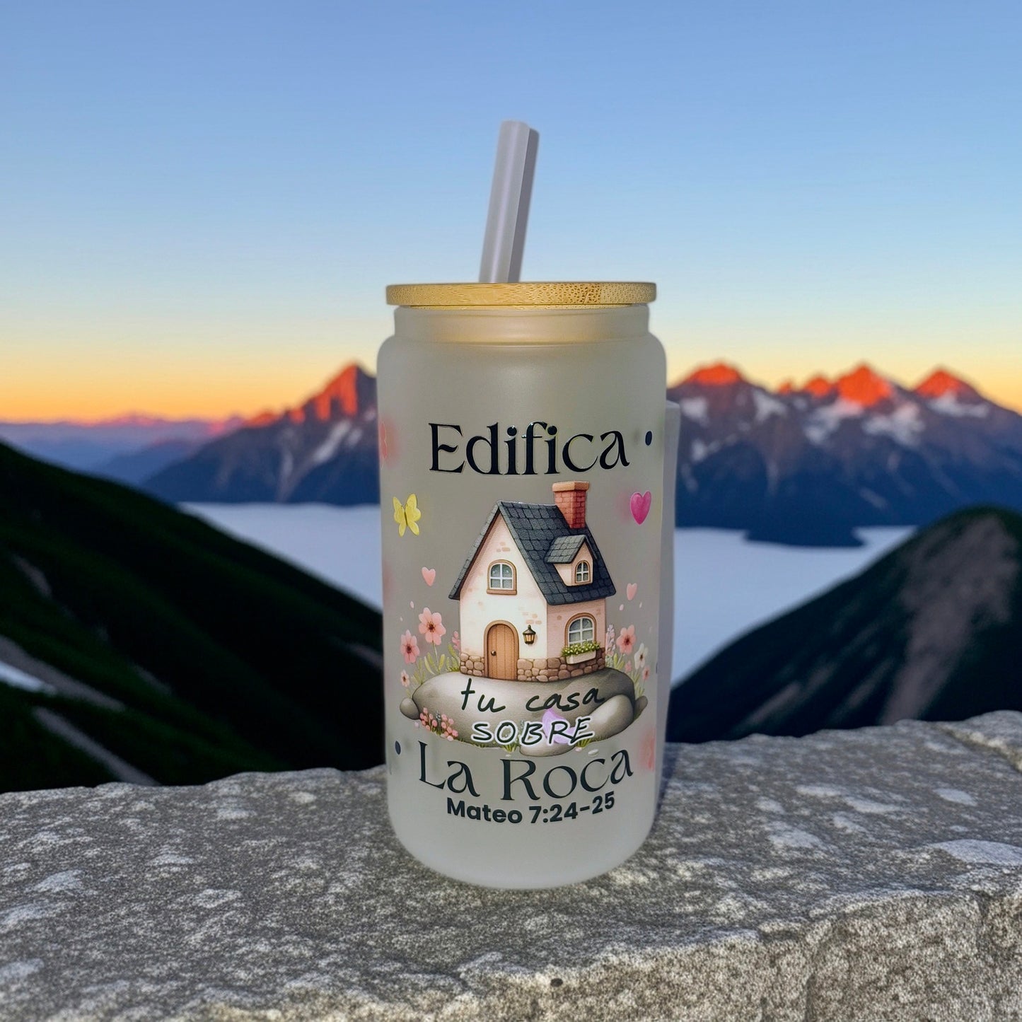 Vaso de vidrio frizado con versiculo biblico