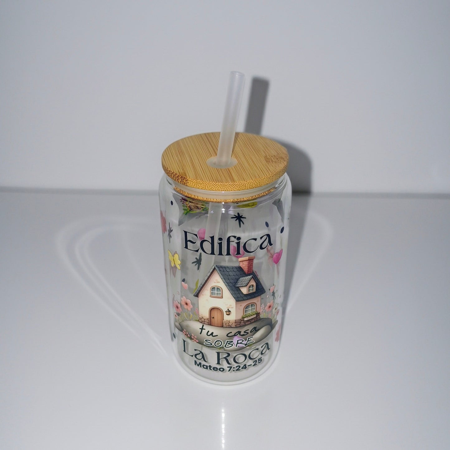 Vaso de vidrio transparente de 16 onzas con estampado biblico